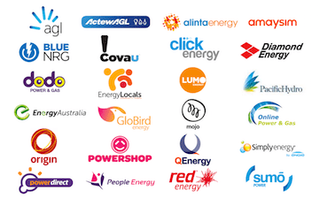 WATTever features every electricity retailer. This image shows the logos for 1st Energy, AGL, Blue NRG, Covau!, ActewAGL, Alinta Energy, Click Energy, Diamond Energy, Dodo Power and Gas, Energy Locals, Lumo Energy, Momentum, Energy Australia, Globird Energy, Mojo Power, Online Power and Gas, Origin Energy, Powershop, Powerdirect, QEenergy, People Energy, Red Energy, Simply Energy and Sum Power.