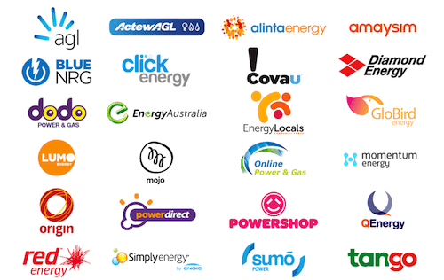 WATTever features every electricity retailer. This image shows the logos for 1st Energy, AGL, Amaysim energy, Blue NRG, Covau!, ActewAGL, Alinta Energy, Click Energy, Diamond Energy, Dodo Power and Gas, Energy Locals, Lumo Energy, Momentum, Energy Australia, Globird Energy, Mojo Power, Online Power and Gas, Origin Energy, Powershop, Powerdirect, QEnergy, People Energy, Red Energy, Simply Energy , Sumo Power and Tango Energy.