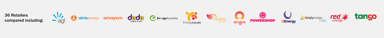 WATTever compare every electricity retailer including 1st Energy, AGL, ActewAGL, Alinta Energy, Amaysim, Blue NRG, click energy, Covau, Diamond Energy, dodo power & gas, Energy Australia, Energy Locals, GloBird Energy, Lumo Energy, Mojo Power, Origin Energy, Powerdirect, Powershop, QEnergy, Red Energy, Simply Energy, Sumo Power and Tango Energy.