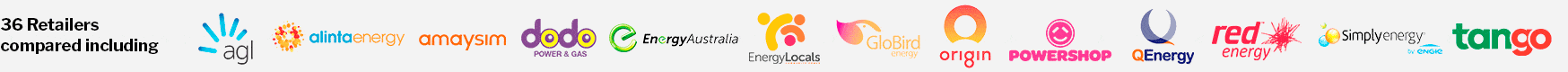 WATTever compares every electricity retailer including 1st Energy, AGL, ActewAGL, Alinta Energy, Amaysim, Blue NRG, click energy, Covau, Diamond Energy, dodo power & gas, Energy Australia, Energy Locals, GloBird Energy, Lumo Energy, Mojo Power, Origin Energy, Powerdirect, Powershop, QEnergy, Red Energy, Simply Energy, Sumo and Tango Energy