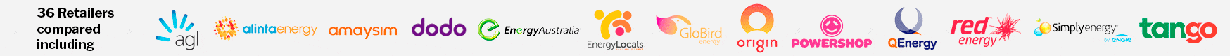 WATTever compares every electricity retailer including 1st Energy, AGL, ActewAGL, Alinta Energy, Amaysim, Blue NRG, click energy, Covau, Diamond Energy, dodo power & gas, Energy Australia, Energy Locals, GloBird Energy, Lumo Energy, Mojo Power, Origin Energy, Powerdirect, Powershop, QEnergy, Red Energy, Simply Energy, Sumo and Tango Energy