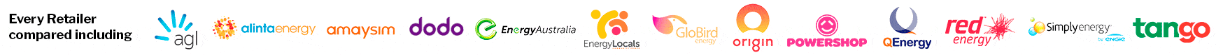 WATTever compares every electricity retailer in contestible markets including AGL, Alinta Energy, Amaysim, Blue NRG, click energy, Covau, Diamond Energy, dodo power & gas, Energy Australia, Energy Locals, GloBird Energy, Lumo Energy, Mojo Power, Origin Energy, Powerdirect, Powershop, QEnergy, Red Energy, Simply Energy, Sumo and Tango Energy.