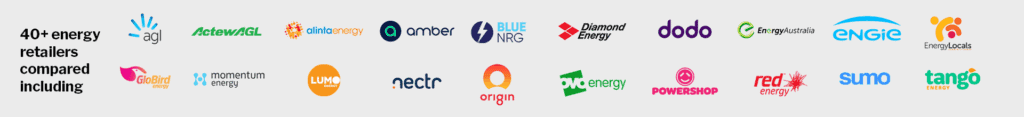 WATTever compares over 40 energy retailers including AGL, 1st Energy, ActewAGL, Alinta Energy, Amber, Blue NRG, CovaU, Diamond Energy, dodo, Energy Australia, Energy Locals, ENGIE, GloBird Energy, Kogan Energy, Lumo Energy, nectr, Origin Energy, OVO energy, Powershop, Red Energy, Sumo and Tango Energy.